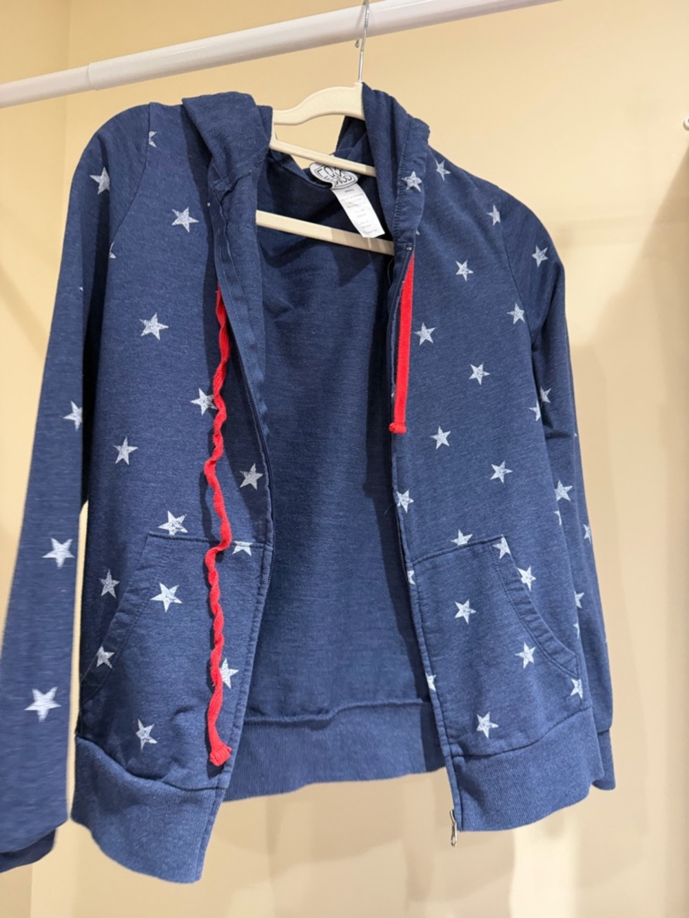 Star-Print Navy Zip Hoodie with Red Drawstrings